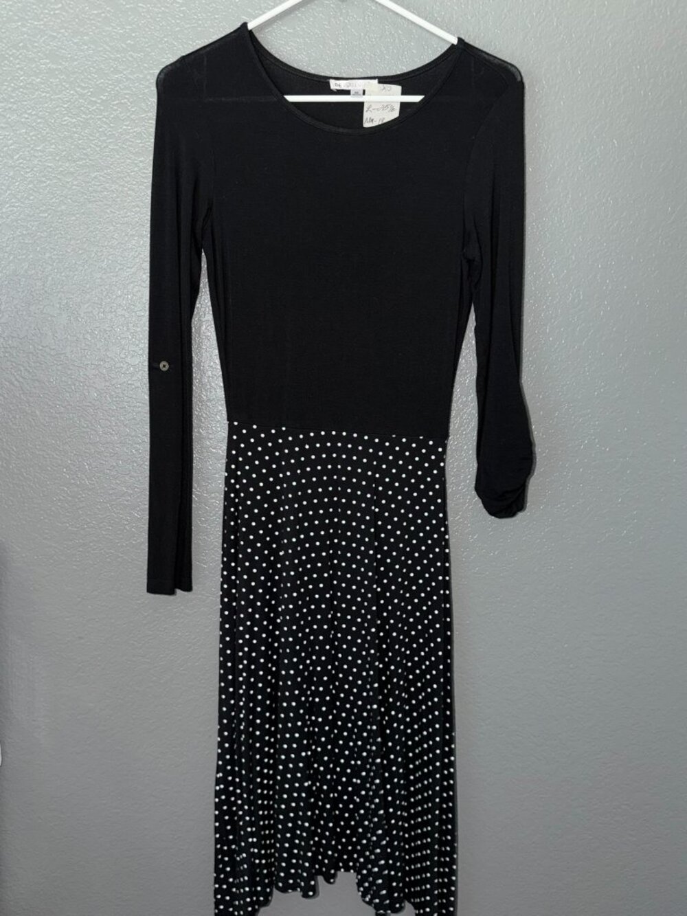 DE Collection Women’s XS Black Polka Dot Midi Dress Long Sleeve Fit Flare